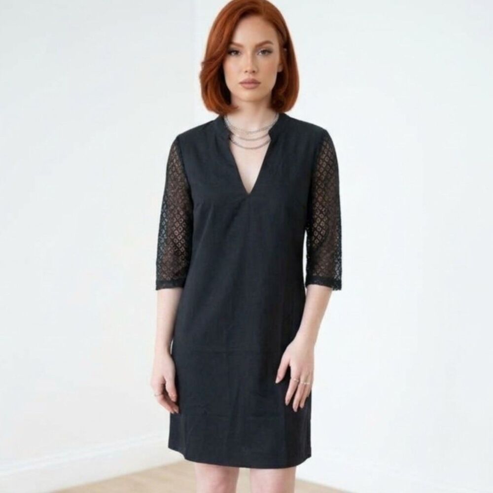 Missky NWT Charcoal Black Shift Dress Semi Sheer Lace 3/4 Sleeve V-Neck Size-S